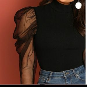 New! Mock Neck Puff Sheer Sleeve Bodysuit In Black